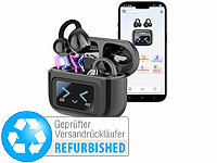 auvisio Lauf-Kopfhörer, Business-Übersetzer-Ohrhörer; Kabellose In-Ear-Kopfhörer mit Noise Cancelling und Touch-Farbdisplay-Ladecases Kabellose In-Ear-Kopfhörer mit Noise Cancelling und Touch-Farbdisplay-Ladecases Kabellose In-Ear-Kopfhörer mit Noise Cancelling und Touch-Farbdisplay-Ladecases